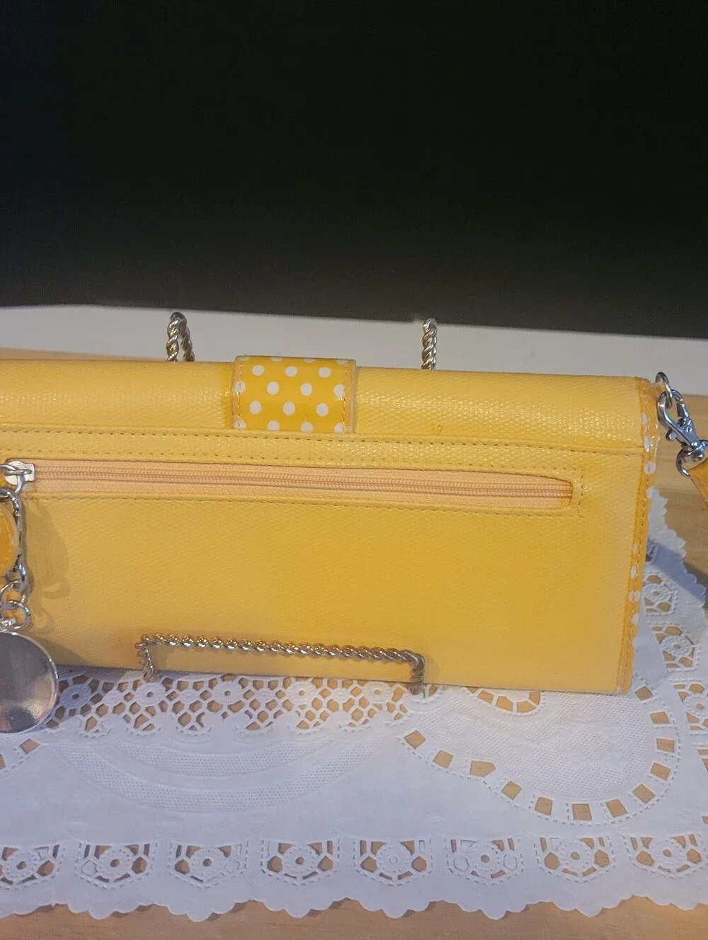 Woman's Mustard Yellow Clutch Alex's Lemonade Polka Dot Band